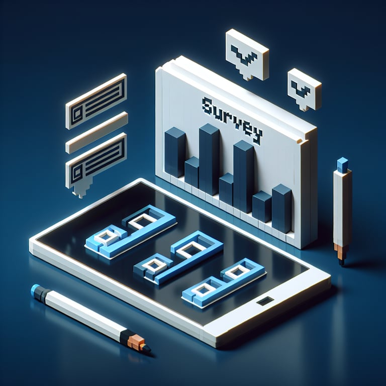 3D voxel art depicting online abortion survey, with dark blue background, no text or logos.
