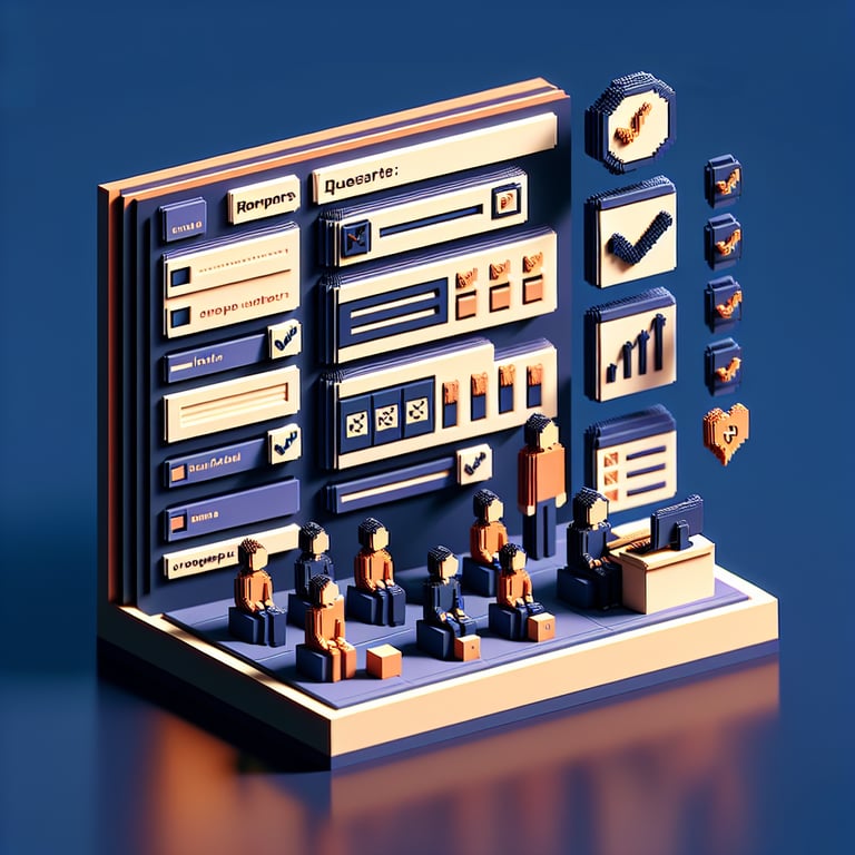 3D voxel art depicting online 'about me' surveys, with a dark blue background.