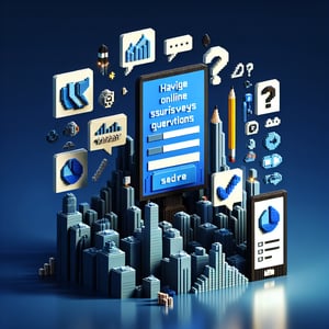 3D voxel art depicting online pricing surveys on a dark blue background.