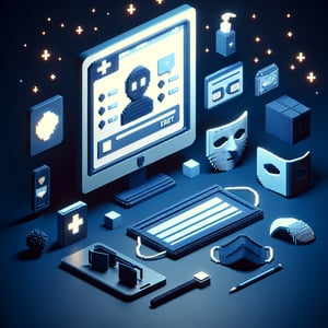 3D voxel art depicting online mask survey concept on a dark blue background.