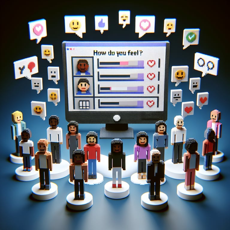 3D voxel art depicting online 'how do you feel' surveys on a dark blue background.