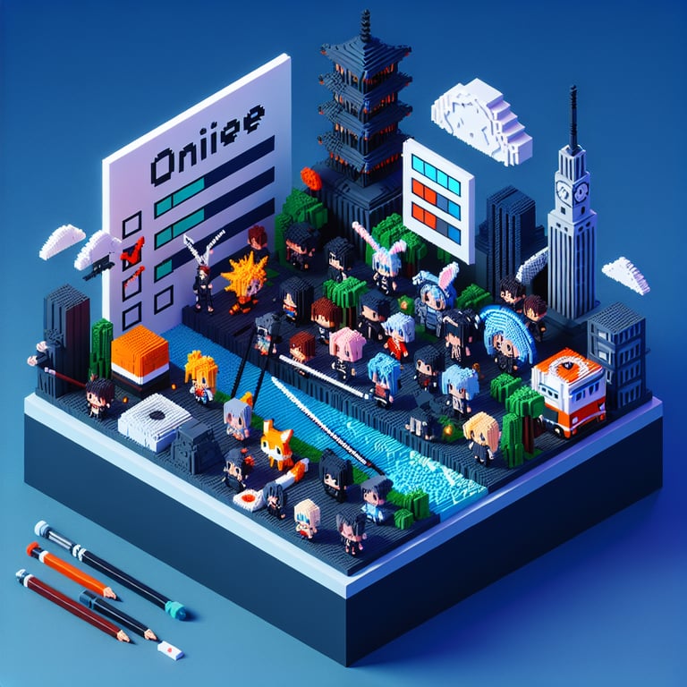 3D voxel art depicting online anime surveys on a dark blue background.