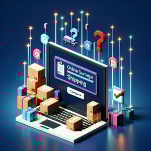 3D voxel art of online survey symbols, representing shipping survey questions on a dark blue background.
