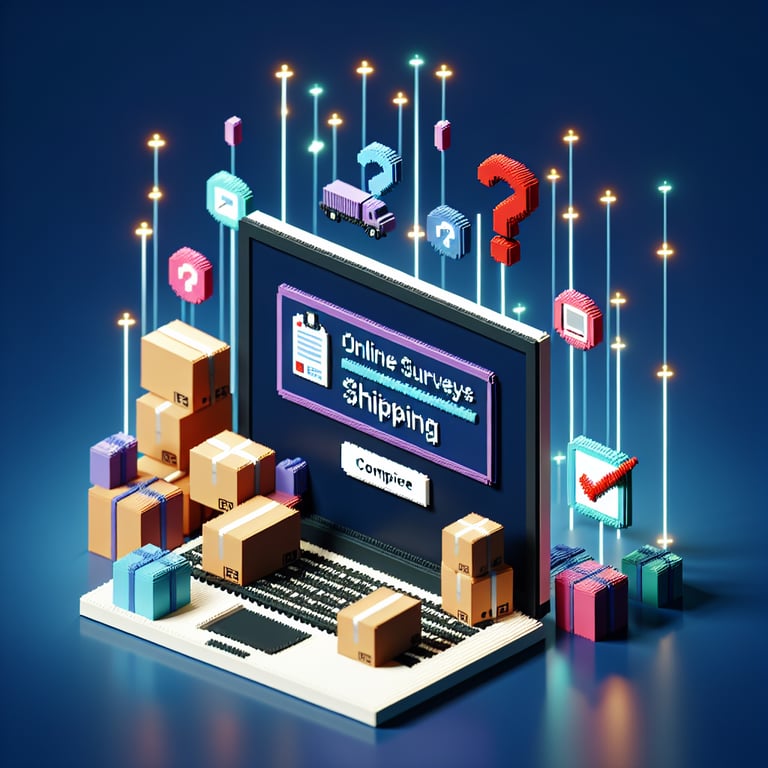 3D voxel art of online survey symbols, representing shipping survey questions on a dark blue background.