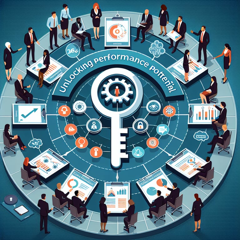 Illustration depicting the concept of Unlocking Performance Potential through 360 Feedback for Managers survey questions.