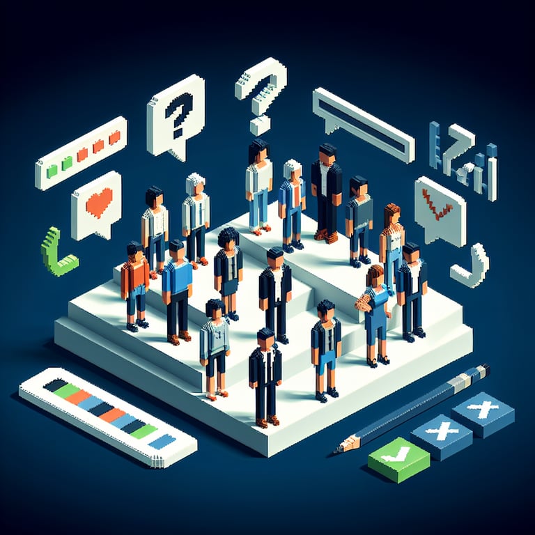 3D voxel art depicting online surveys with a focus on race-related questions, set against a dark blue background.