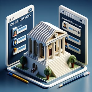 3D voxel art depicting online surveys, with dark blue background, symbolizing face-to-face class survey questions.