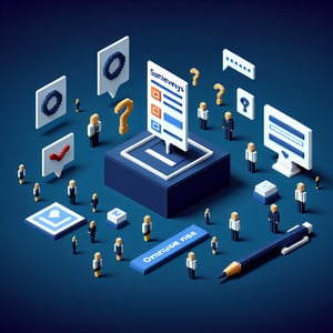 3D voxel art depicting the concept of online employment satisfaction surveys on a dark blue background.