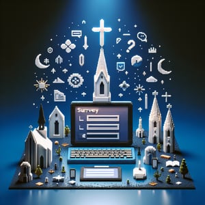 3D voxel art depicting online Catholic Church survey concept on a dark blue background.