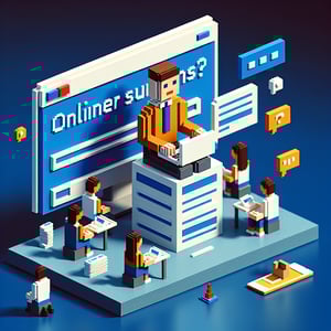 3D voxel art depicting online survey concept on a dark blue background, aimed at college interns.
