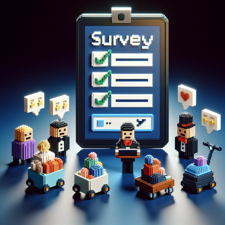 3D voxel art depicting online hotel customer satisfaction survey process on a dark blue background.