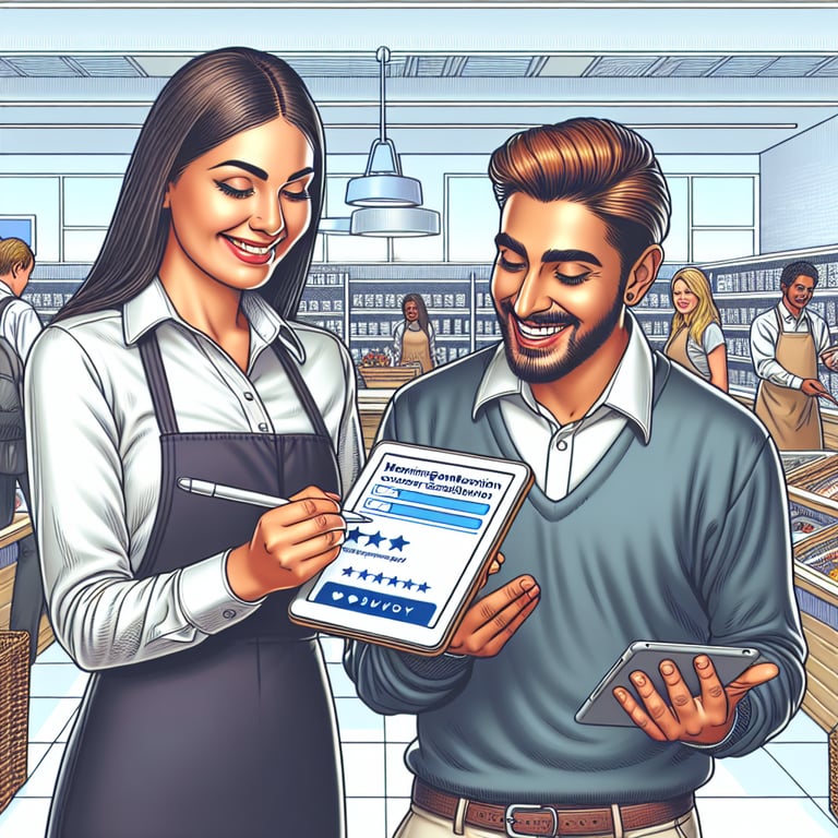 Illustration showcasing key topics for Retail Customer Satisfaction survey questions.