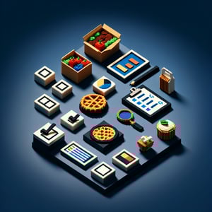 3D voxel art depicting online food-related surveys on a dark blue background.