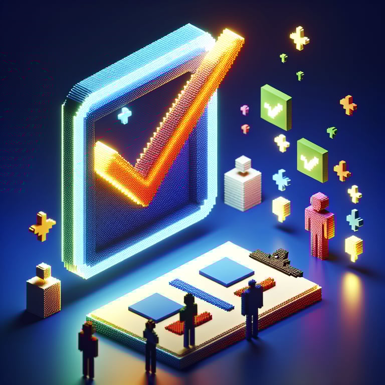 3D voxel art depicting online open-ended customer service survey concept on a dark blue background.