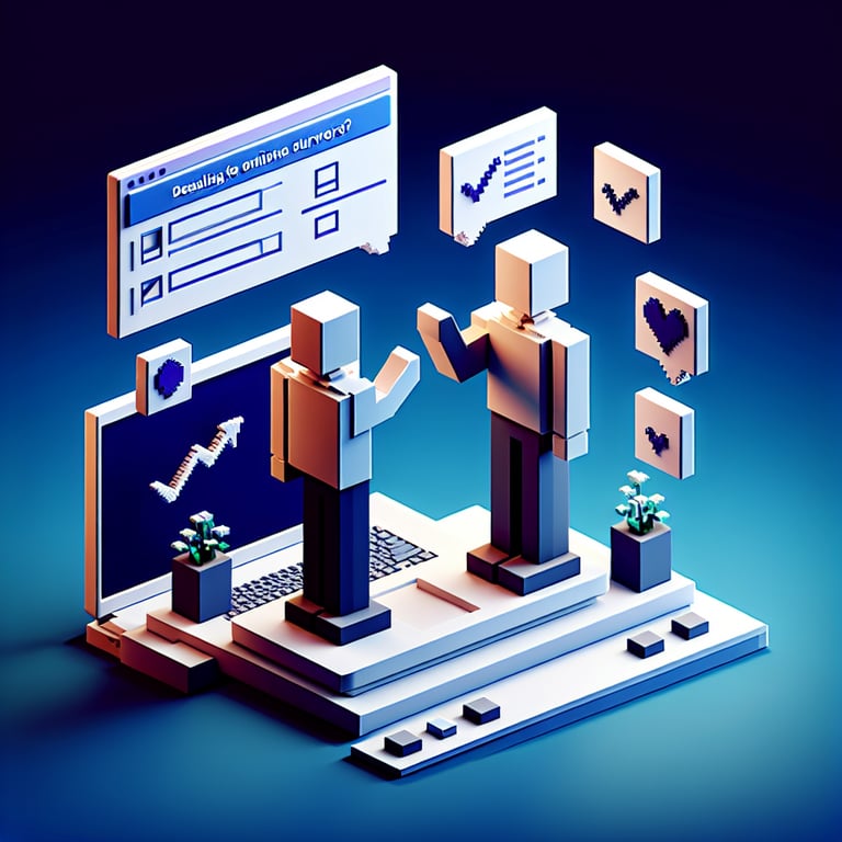 3D voxel art depicting online surveys on relationship power dynamics, set against a dark blue background.