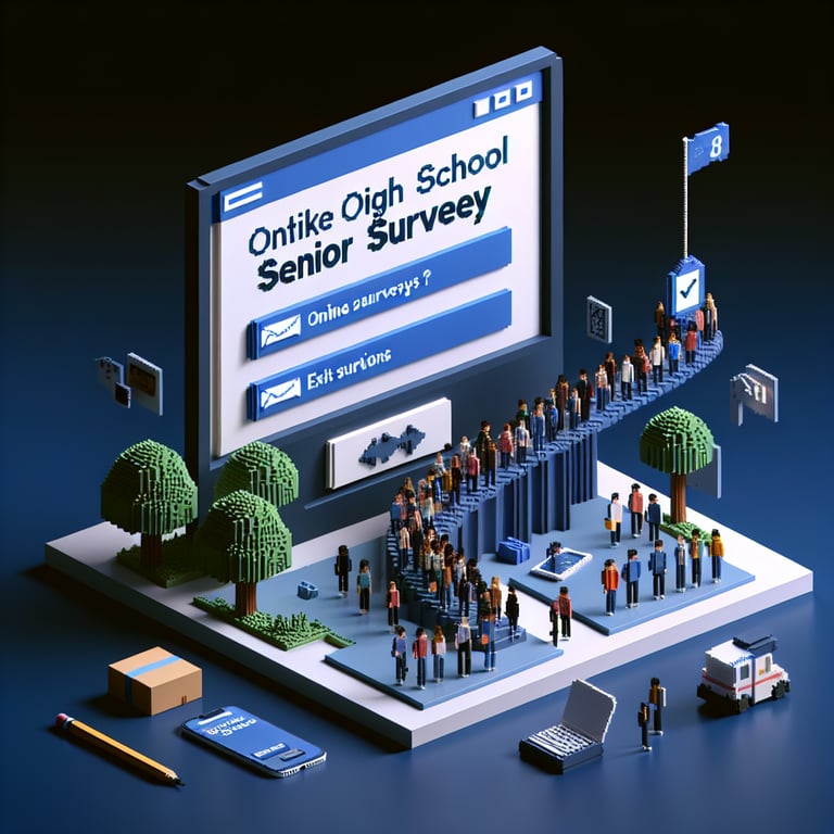 3D voxel art depicting online survey concept, suitable for high school senior exit surveys, on a dark blue background.