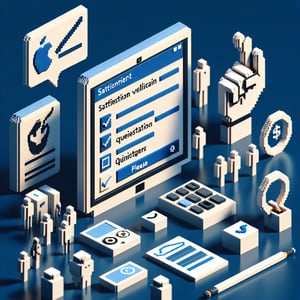 3D voxel art depicting online surveys focused on smoking cessation satisfaction questions, with a dark blue background.