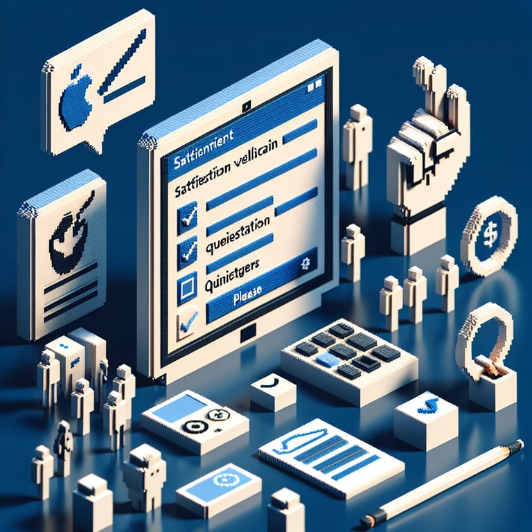 3D voxel art depicting online surveys focused on smoking cessation satisfaction questions, with a dark blue background.