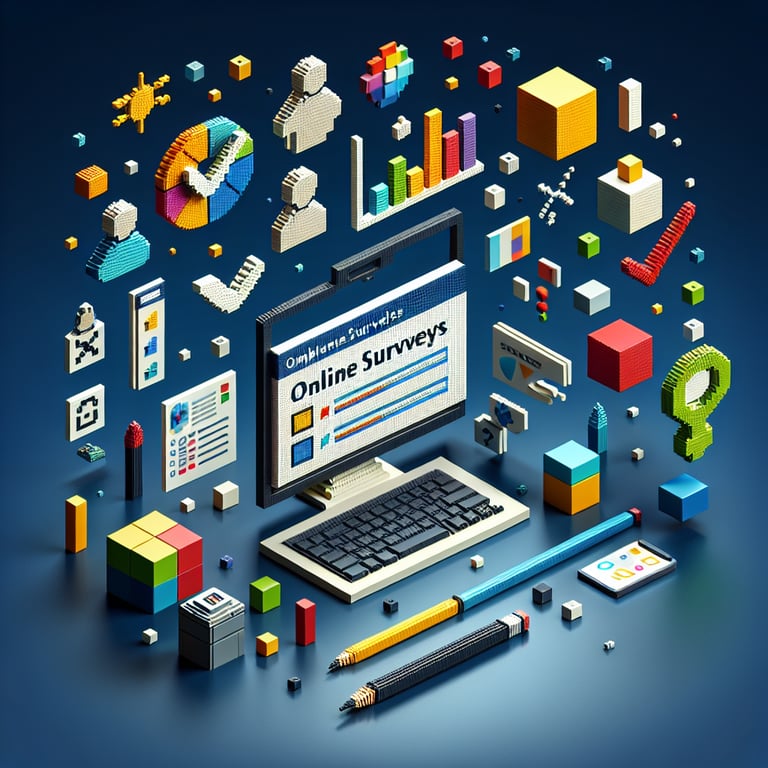 3D voxel art depicting online employee engagement survey concept on a dark blue background.