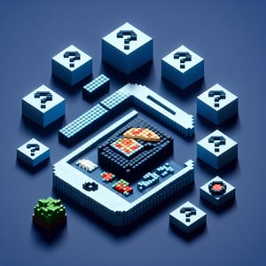 3D voxel art depicting online food delivery surveys, set against a dark blue background.