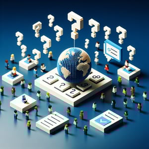 3D voxel art depicting online friend survey concept on a dark blue background.
