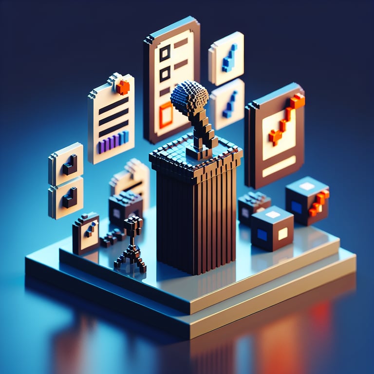 3D voxel art illustrating the concept of online conference speaker surveys on a dark blue background.