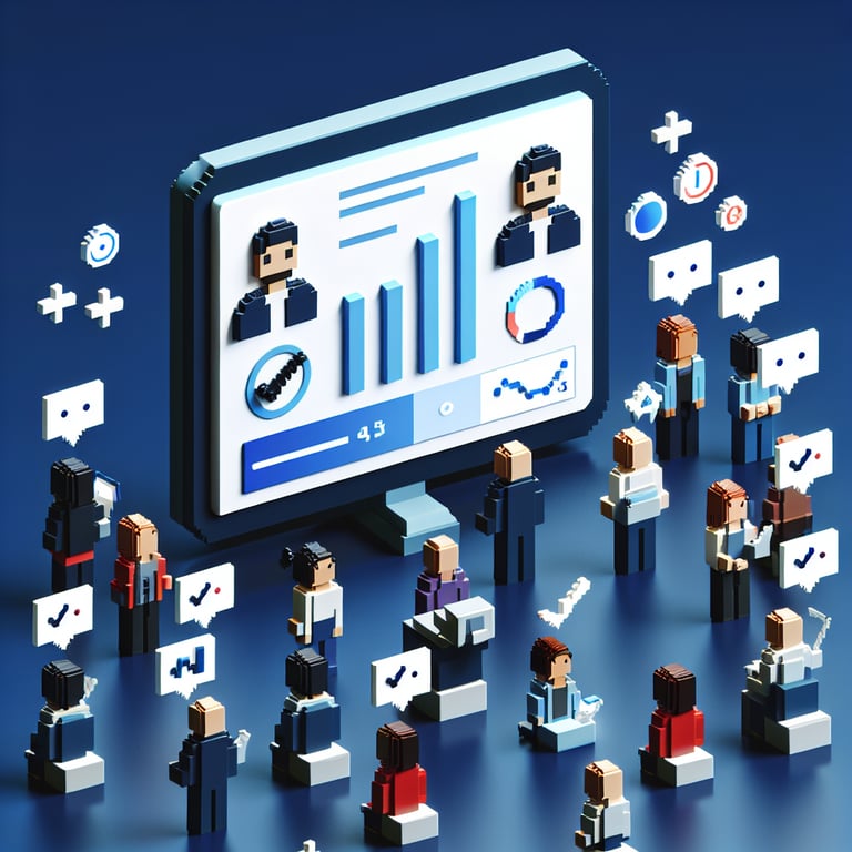 3D voxel art depicting the concept of online employee NPS surveys on a dark blue background.