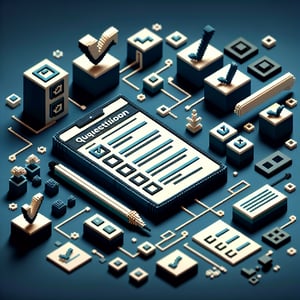 3D voxel art depicting online surveys, with dark blue background, symbolizing value-based questions.