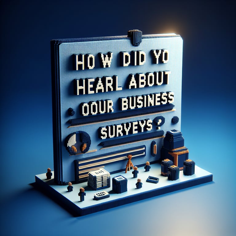 3D voxel art depicting online survey concept on a dark blue background.