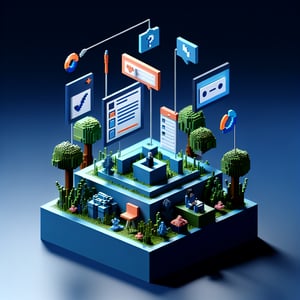 3D voxel art depicting the concept of online foundation survey questions on a dark blue background.