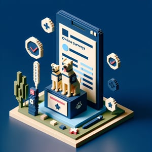 3D voxel art depicting online service dog survey process on a dark blue background.