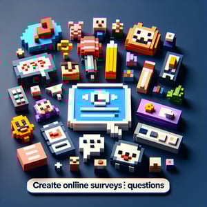 3D voxel art depicting online surveys, questions and kids, set against a dark blue background.