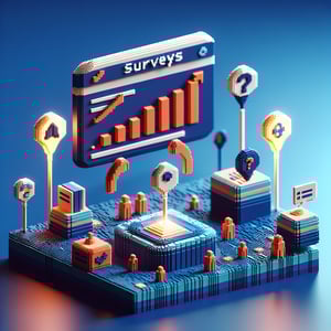 3D voxel art depicting the concept of online surveys about internet usage frequency on a dark blue background.