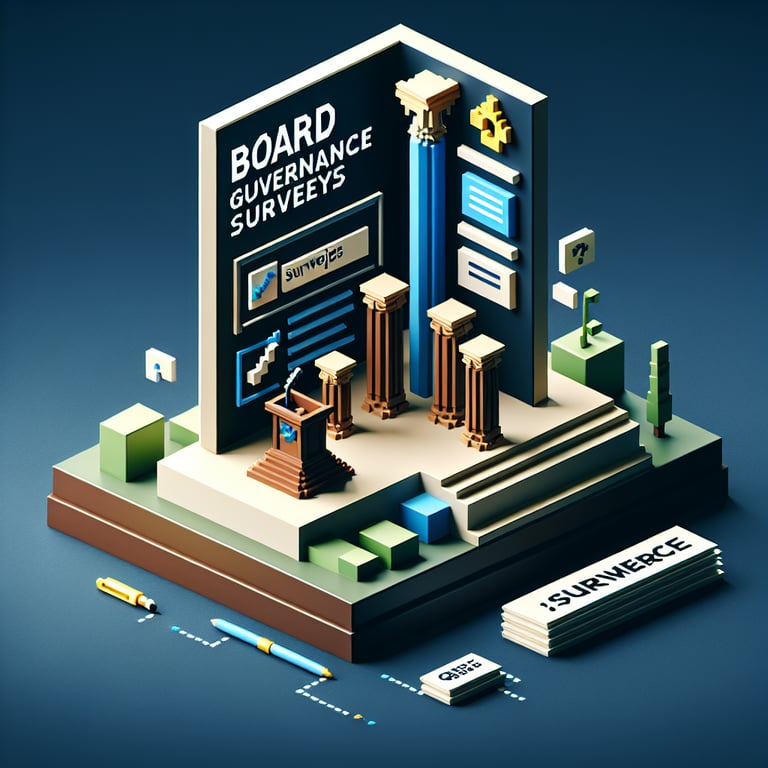 3D voxel art depicting online board governance surveys on a dark blue background.