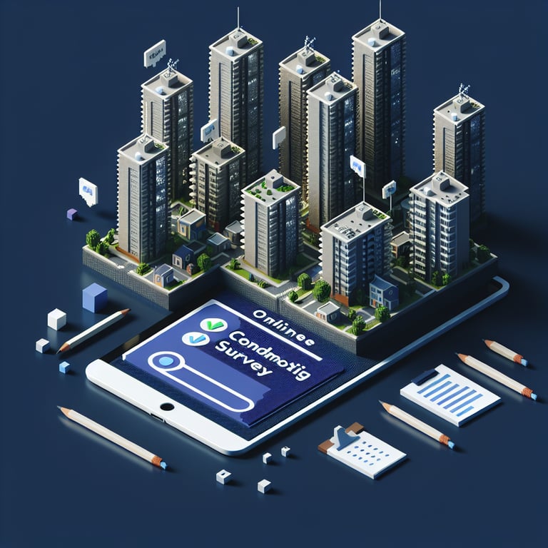 3D voxel art depicting online condo surveys with a dark blue background.