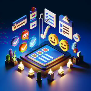 3D voxel art depicting online mood survey concept on a dark blue background.