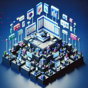 3D voxel art depicting the concept of online surveys and questions on a dark blue background.