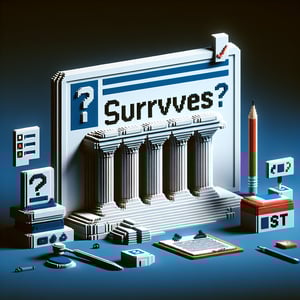 3D voxel art depicting online surveys, suitable for legislative agency landing pages, on a dark blue background.