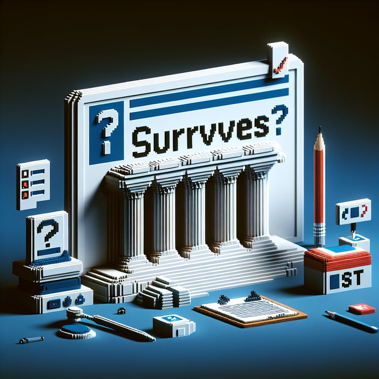 3D voxel art depicting online surveys, suitable for legislative agency landing pages, on a dark blue background.