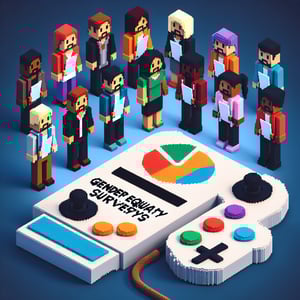 3D voxel art depicting online gender equality survey concept on a dark blue background.