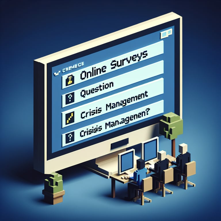 3D voxel art depicting online crisis management surveys on a dark blue background.