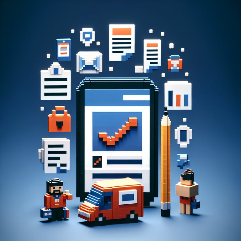 3D voxel art depicting the concept of online appeal surveys on a dark blue background.