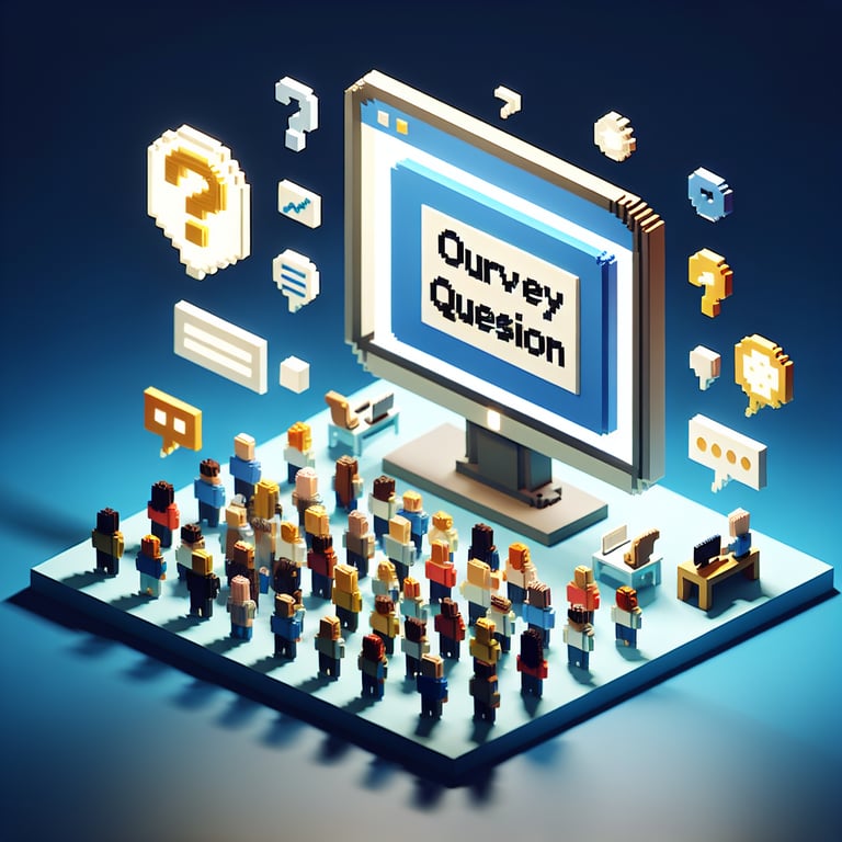 3D voxel art of survey question cards in a virtual learning questionnaire