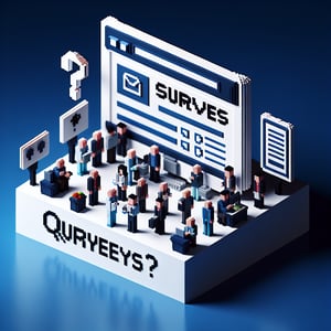 3D voxel art depicting online crime surveys for England and Wales on a dark blue background.