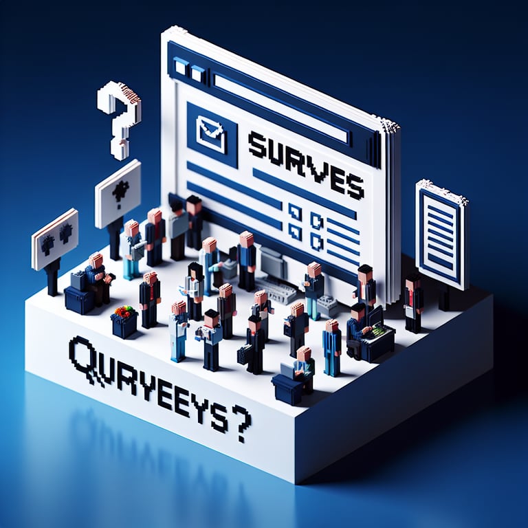 3D voxel art depicting online crime surveys for England and Wales on a dark blue background.