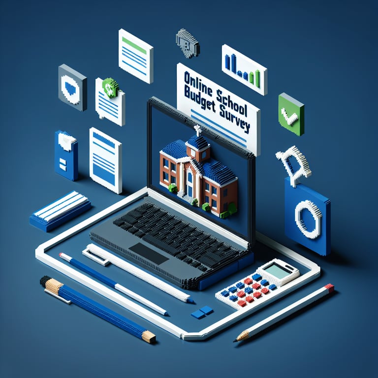 3D voxel art depicting online school budget survey concept on a dark blue background.