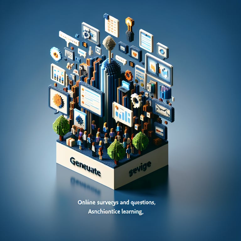 3D voxel art representing online surveys on a dark blue background, symbolizing asynchronous learning surveys.