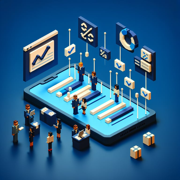 3D voxel art depicting online sales rep surveys on a dark blue background.