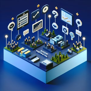 3D voxel art depicting online surveys, symbolizing event participant survey questions on a dark blue background.