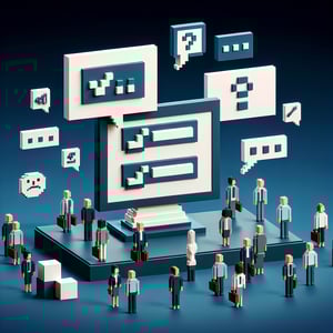 3D voxel art depicting online employee feedback surveys, set against a dark blue background.